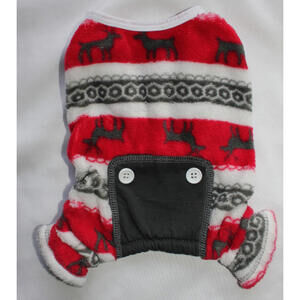 Pup Crew Red-White-Gray Fleece Reindeer Dog Pajama Size XS Button Detail